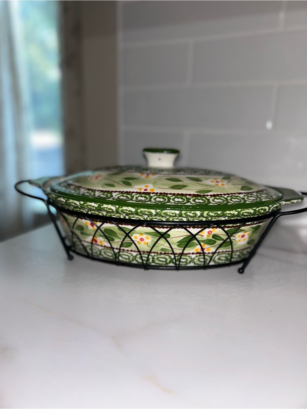 Temptations Old World Oval Casserole Dish with Matching Lid and Wire Holder
